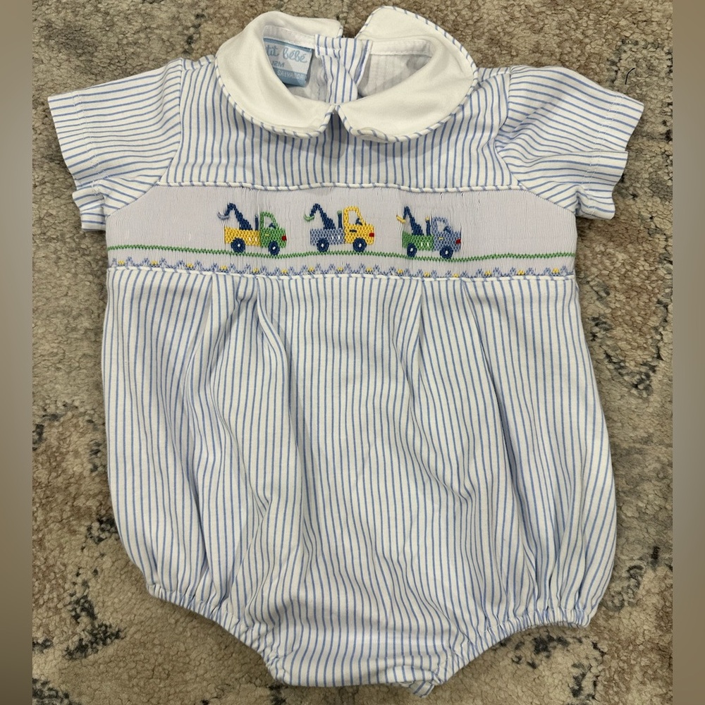 Petit Bebe Striped Bubble with Embroidered Trucks